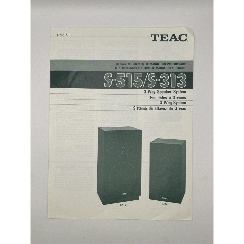 TEAC S‑515 S‑313 Owner's Manual OEM 3‑Way Speaker System Guide Vintage